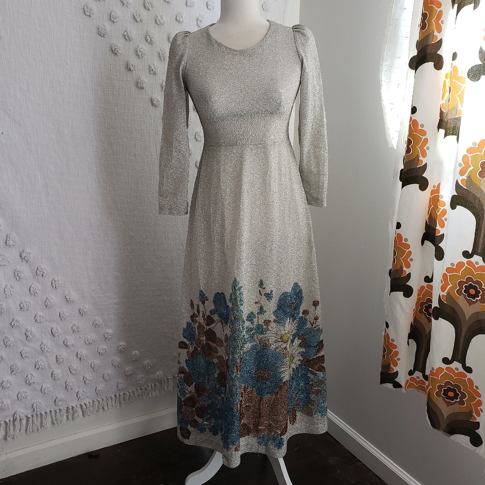 Vintage 60's Sparkly Metallic Silver & Blue Floral Maxi Dress